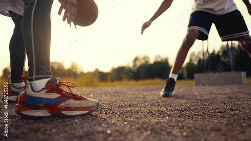 Footwear and clothes for sport, basketball training outdoors, closeup of feet. Live active life and do sports, healthy lifestyle and activity, teens playing streetball on open court in summer vacation
