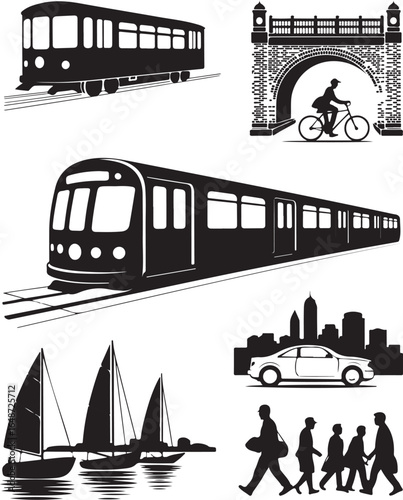 Dynamic black and white city transportation scene icons