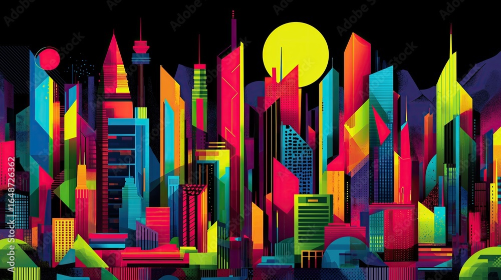 Obraz premium Abstract city skyline with bold geometric shapes and neon accents, modern art style.