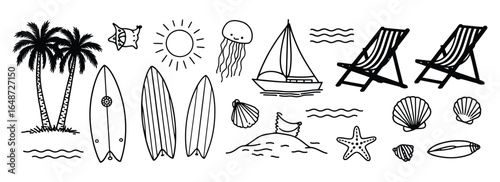 Vector art of black and white drawing of a tropical beach scene with palm trees, surfboards, sun, jellyfish, boat, deck chairs, and seashells isolated on white background