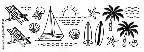Vector art of black and white drawing of a tropical beach scene with deck chairs, jellyfish, boat, sun, starfish, palm trees, and surfboards isolated on white background