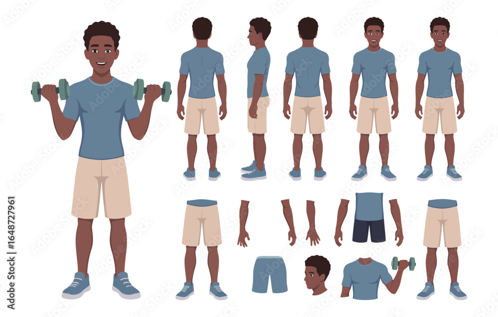 Obraz premium Vector art of man exercising with dumbbells in various poses and views, isolated on white background