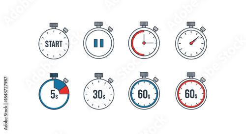 Set of eight stopwatches showing different time intervals, including start, pause, and various durations.