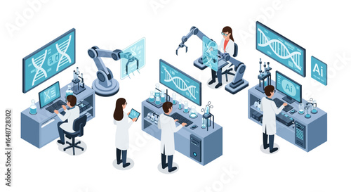 Isometric illustration of scientists working in a modern laboratory with robotic arms and DNA displays, conducting research and experiments.