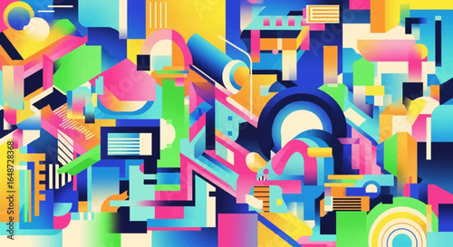 Vibrant abstract geometric artwork featuring a colorful mix of shapes, lines, and forms in a dynamic and modern composition.
