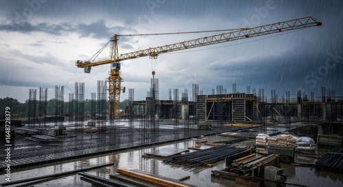 Towering Yellow Crane Amidst a Rainy Construction Site with Rebar and Wet Ground