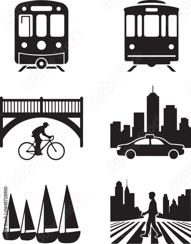 Dynamic cityscape icons featuring trains, bridges, and sailboats