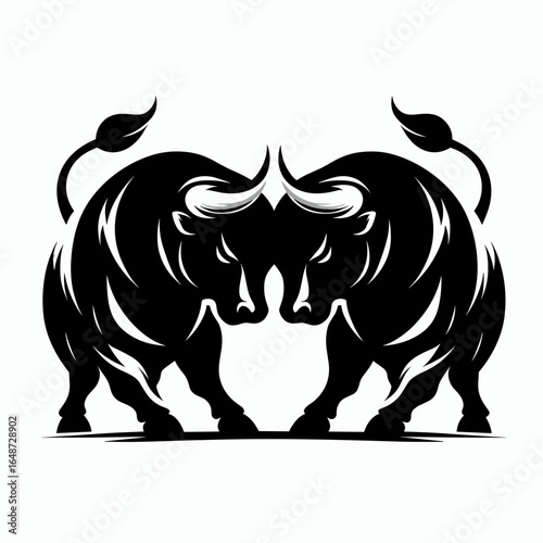 Bulls aligning shoulders push. Cartoon Animal Clipart Silhouette Vector Illustration Line Art Illustration. Bovine posture aid boosting team spirit with body contact drill.