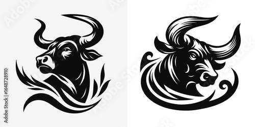 Bulls arching necks dominance. Cartoon Animal Clipart Silhouette Vector Illustration Line Art Illustration. Male cattle curved throat superior position strength.