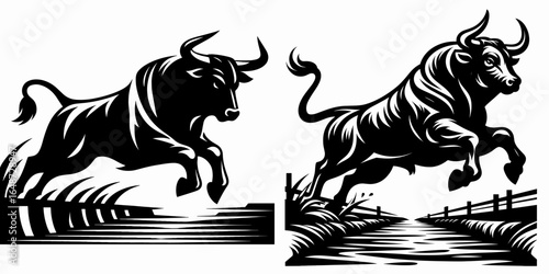 Bulls bounding over ditch. Cartoon Animal Clipart Silhouette Vector Illustration Line Art Illustration. Cattle jumping above a trench farm action and rural scene imagery.