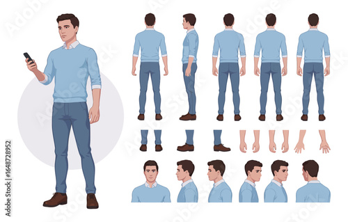 Vector art of character design of a young man in casual clothing with various poses and views for animation and game asset creation, isolated on white background