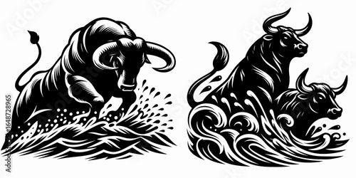 Bulls bracing river current. Cartoon Animal Clipart Silhouette Vector Illustration Line Art Illustration. Strong oxen facing stream flow planning for rough water journey ahead.