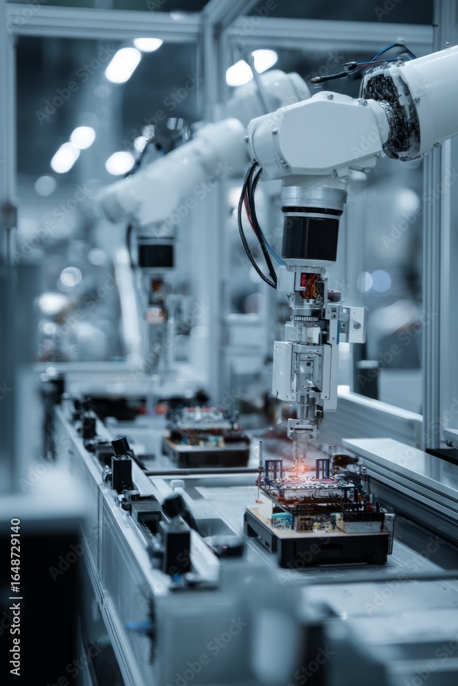 Fototapeta premium A robotics manufacturing workshop with multiple machines building smaller robots An AI program is ensuring each part meets specifications The mood feels, Generative AI