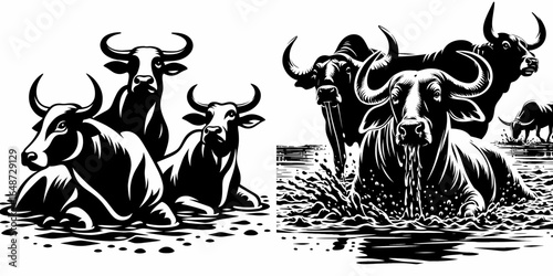 Bulls cooling in mud pit. Cartoon Animal Clipart Silhouette Vector Illustration Line Art Illustration. Cattle staying calm within a muddy dip heat relief natural behavior.