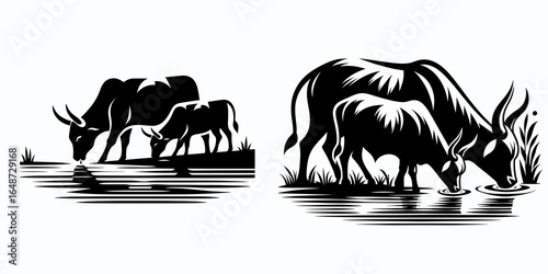 Bulls drinking water riverbank. Cartoon Animal Clipart Silhouette Vector Illustration Line Art Illustration. Cattle ingest liquid waters edge brook grassland farm hydration.