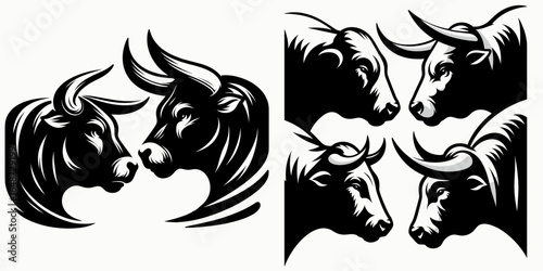 Bulls exchanging soft snorts. Cartoon Animal Clipart Silhouette Vector Illustration Line Art Illustration. Male cattle making quiet breath sound communication method bovine behavior.