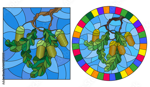 Set ofillustrations in stained glass style with oak branches with immature acorns and leaves leaf on blue background
