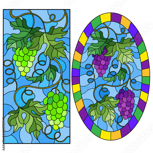 Wallpaper Mural Set of illustration in stained glass style painting with a bunch of green grapes and leaves on blue background Torontodigital.ca