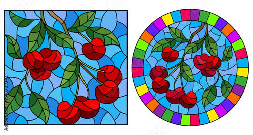 Set of illustrations in the style of a stained glass window with the branches of cherry trees , the branches