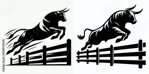 Bulls leaping over fence tandem. Cartoon Animal Clipart Silhouette Vector Illustration Line Art Illustration. Bovine jumping above barrier joint act pair doing vault maneuver.