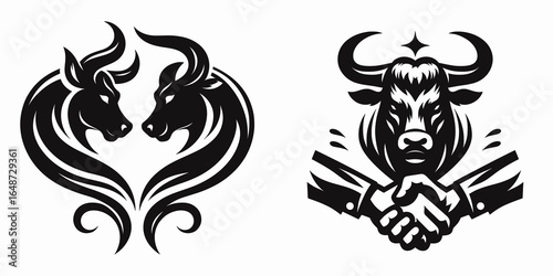 Bulls locking horns respect. Cartoon Animal Clipart Silhouette Vector Illustration Line Art Illustration. Male cattle combat displaying honor behavior and admiration.