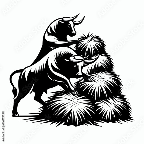 Bulls piling haystack together. Cartoon Animal Clipart Silhouette Vector Illustration Line Art Illustration. Male cattle stacking bundled forage crop jointly farm chore.