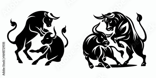 Bulls playfully butting heads. Cartoon Animal Clipart Silhouette Vector Illustration Line Art Illustration. Young cattle gently bumping forehead a joyful interaction concept.