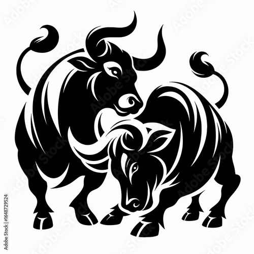 Bulls playfully butting heads. Cartoon Animal Clipart Silhouette Vector Illustration Line Art Illustration. Young cattle gently bumping front area game combat.