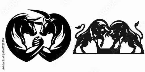 Bulls pressing flanks solidarity. Cartoon Animal Clipart Silhouette Vector Illustration Line Art Illustration. Bovine applying side force unity a show of joint determination.