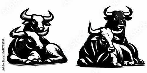 Bulls resting shoulder to shoulder. Cartoon Animal Clipart Silhouette Vector Illustration Line Art Illustration. Male cattle taking a break close together flank flank farm image.
