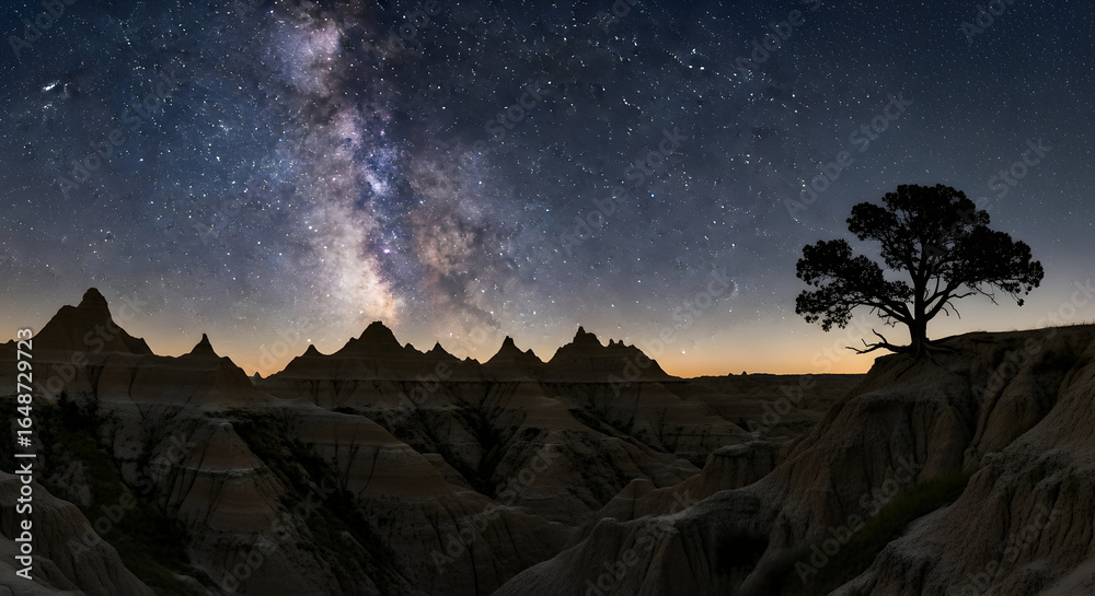 Fototapeta premium Witness the awe-inspiring Milky Way arching over a dramatic landscape, illuminated by light trails, evoking a sense of wonder and exploration of the night sky, perfect for travel campaigns.