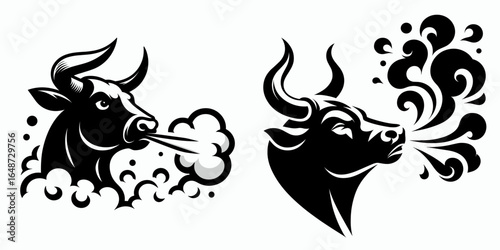 Bulls snorting clouds of steam. Cartoon Animal Clipart Silhouette Vector Illustration Line Art Illustration. Large cattle exhaling vapor plumes farm beast making smoke puff.