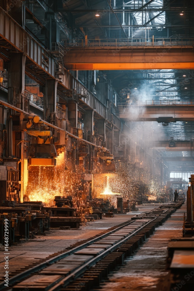 Naklejka premium A steel manufacturing plant with sparks flying from welding stations An AI interface is monitoring temperature levels for safety The mood feels controlled, Generative AI