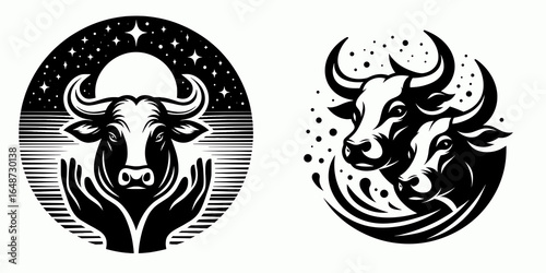 Bulls yielding space harmony. Cartoon Animal Clipart Silhouette Vector Illustration Line Art Illustration. Cattle allowing open place balance quiet calm peaceful locale farming.
