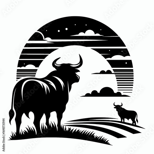 Bulls watching sunset horizon. Cartoon Animal Clipart Silhouette Vector Illustration Line Art Illustration. Cattle gazing at evening skyline golden time livestock afar vista.