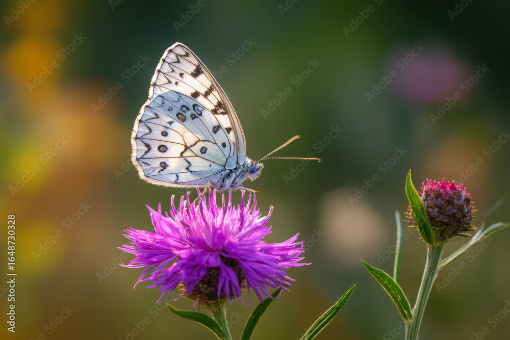 Naklejka premium White Butterfly on a Purple Flower during Golden Hour
