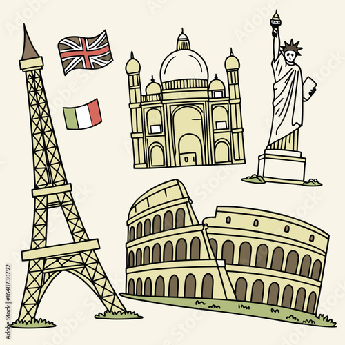 Whimsical travel stickers featuring famous landmarks and cultural icons with vibrant cmyk and grayscale color palette