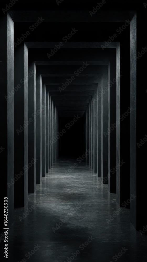 Obraz premium A dark empty room with a geometric row of black square columns stretching into the distance into perspective