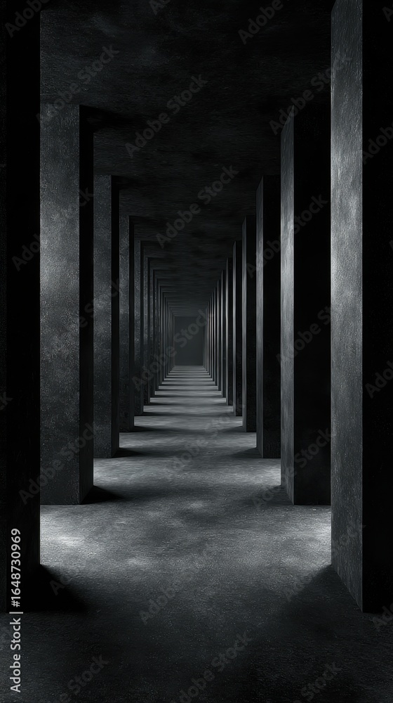 Fototapeta premium A dark empty room with a geometric row of black square columns stretching into the distance into perspective