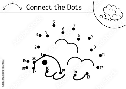 Vector dot-to-dot and color activity with hedgehog. Forest connect the dots game with cute woodland insect for children. Coloring page or printable worksheet for kids