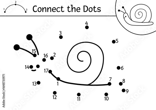 Vector dot-to-dot and color activity with snail. Forest connect the dots game with cute insect. Coloring page for kids with mollusk. Printable worksheet with woodland animal
