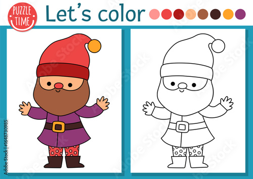 Pre-made coloring page for children with cute dwarf. Vector fairytale outline illustration with gnome. Fantasy forest color book for kids with colored example. Drawing skills printable worksheet