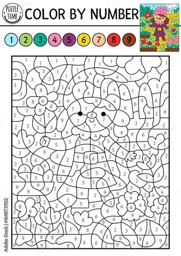 Vector color by number activity with dwarf girl with flower and garden landscape. Fairytale scene with gnome. Magic forest black and white counting game. Fantasy coloring page for kids