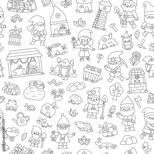 Vector black and white dwarf seamless pattern. Cute gnome repeat background or coloring page. Fairytale character digital paper. Magic creature texture with garden, mining, blacksmith