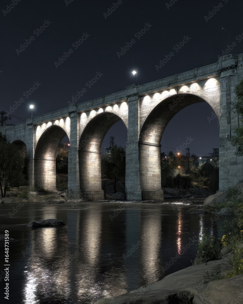 Fototapeta premium Stone arch bridge at night over river