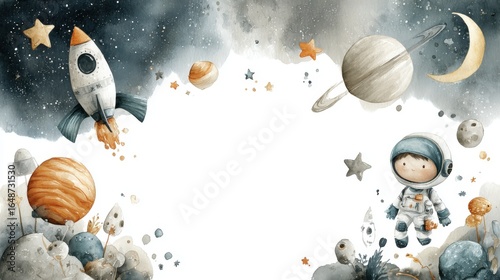 Watercolor children's white and blue illustration on a space theme with space for text: spaceship, cute astronaut in a white spacesuit, planets