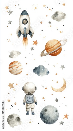 Watercolor children's white and blue illustration on a space theme: spaceship, cute astronaut in a white spacesuit, planets