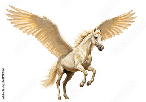 Majestic white Pegasus with outstretched wings soaring against a black background showcasing