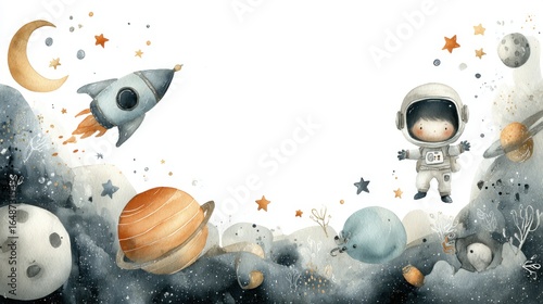 Watercolor children's white and blue illustration on a space theme with space for text: spaceship, cute astronaut in a white spacesuit, planets