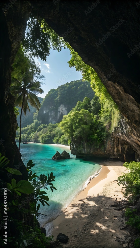 Obraz premium Tropical paradise beach seen from a cave entrance